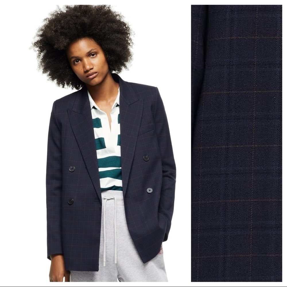 NWT. Zara Navy Blue Double Breasted Windowpane Blazer. Size S.
